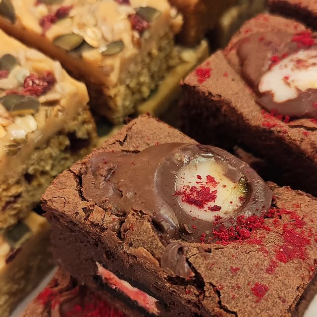 Close-up of Cakebook brownies and bakes